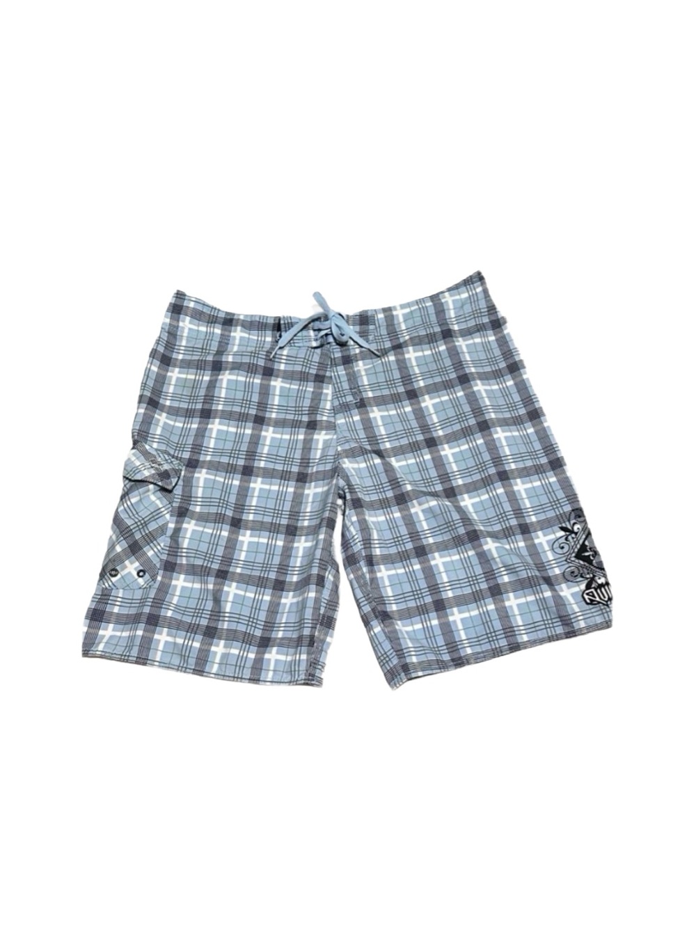 QUICKSILVER ~ Men's Blue and White Plaid Board Shorts w/Drawstring Tie size L